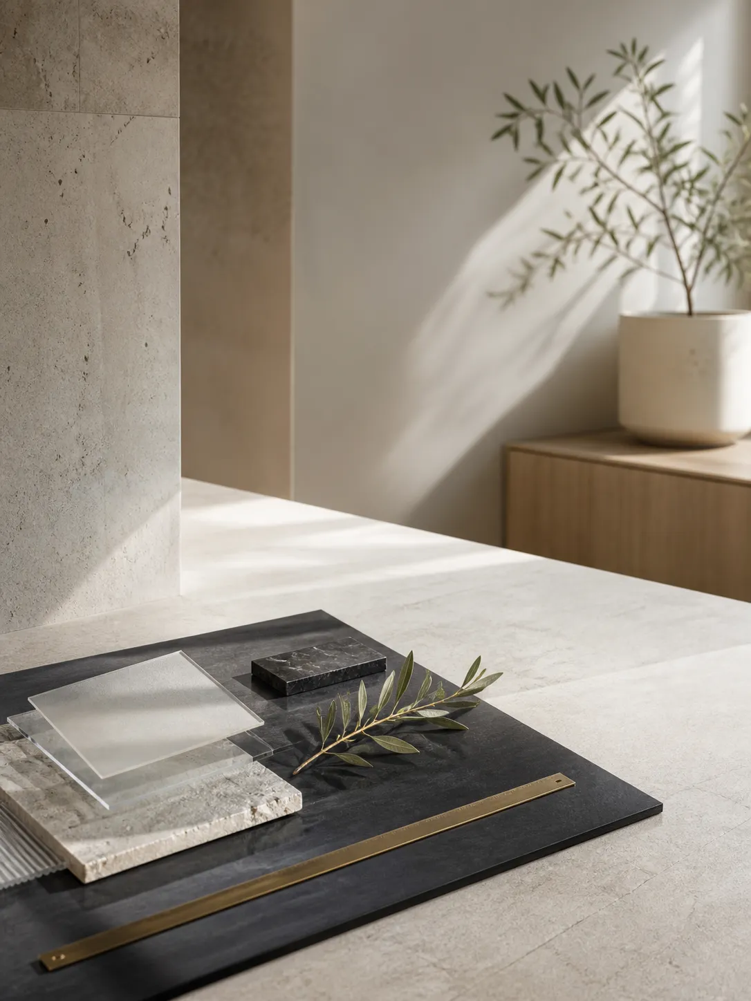 Strategic planning materials arranged with a ruler and olive branch