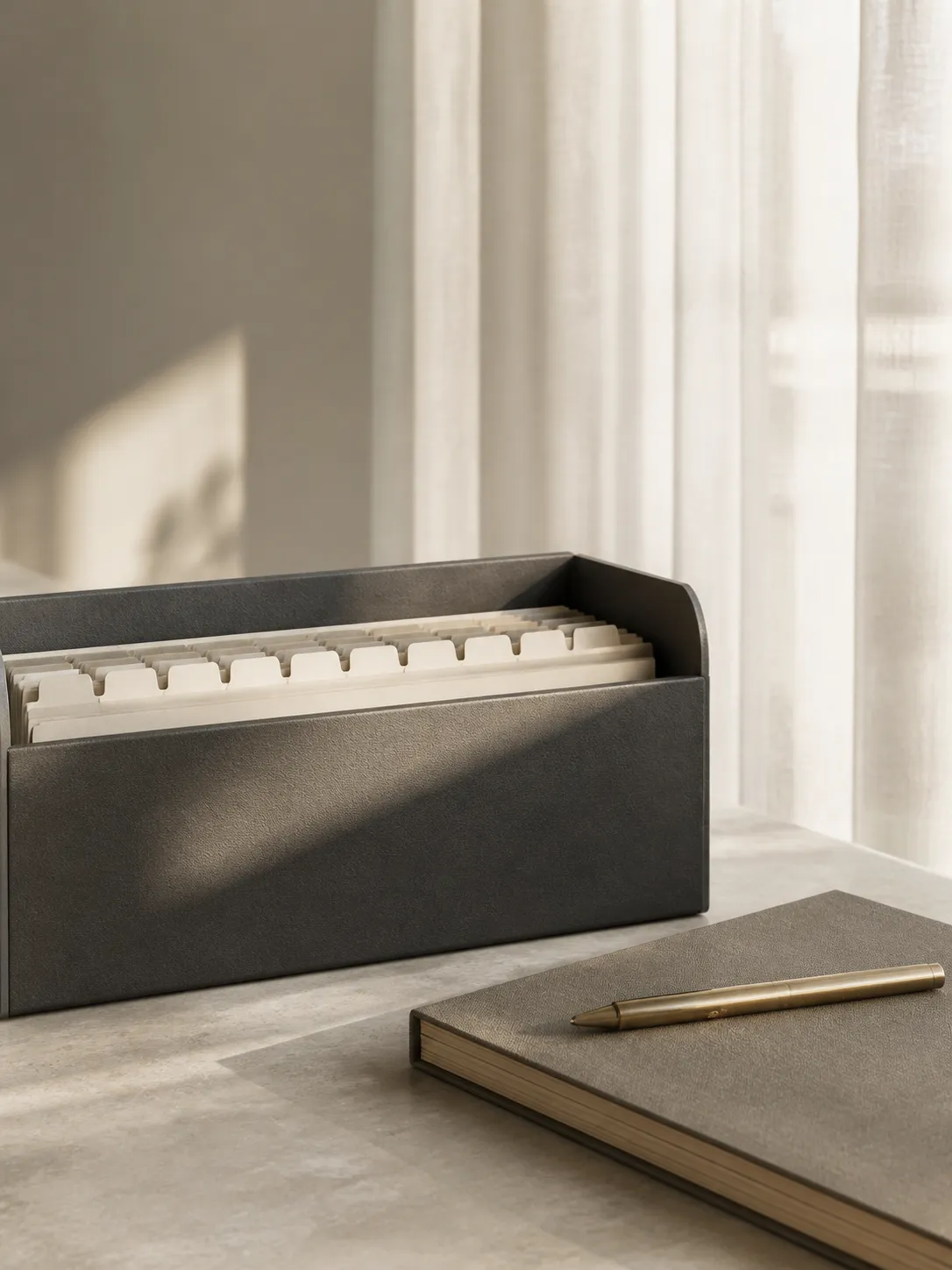 Organised year-round accounting files and ledger in a softly lit office